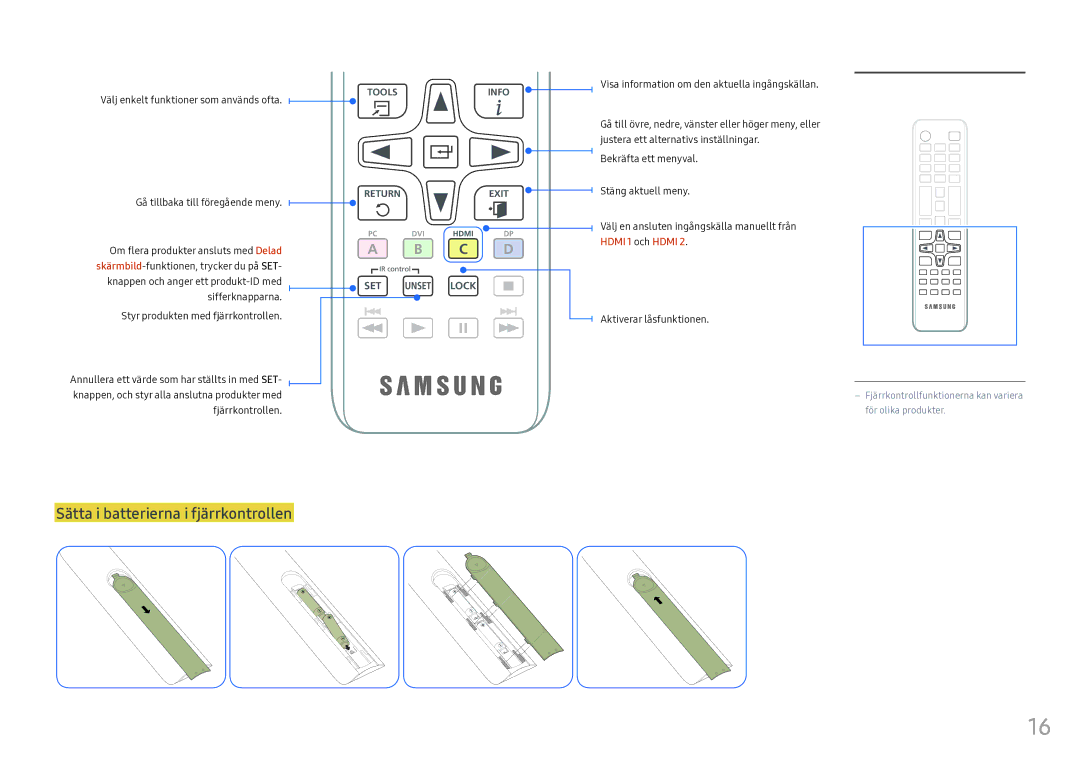 Samsung LH55OHFPVBC/EN, LH55OHFPKBC/EN, LH46OHFPKBC/EN manual Sätta i batterierna i fjärrkontrollen, Hdmi 1 och Hdmi 