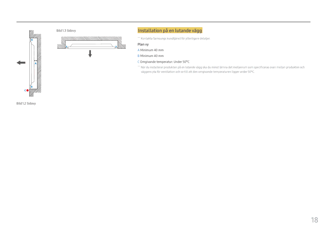 Samsung LH55OHFPKBC/EN, LH55OHFPVBC/EN, LH46OHFPKBC/EN manual Installation på en lutande vägg, Plan vy 