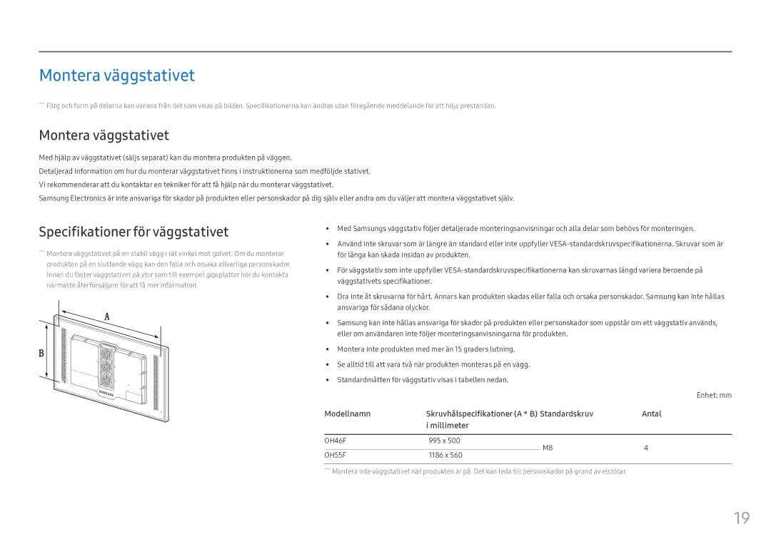 Samsung LH55OHFPVBC/EN, LH55OHFPKBC/EN, LH46OHFPKBC/EN manual Montera väggstativet, Specifikationer för väggstativet 