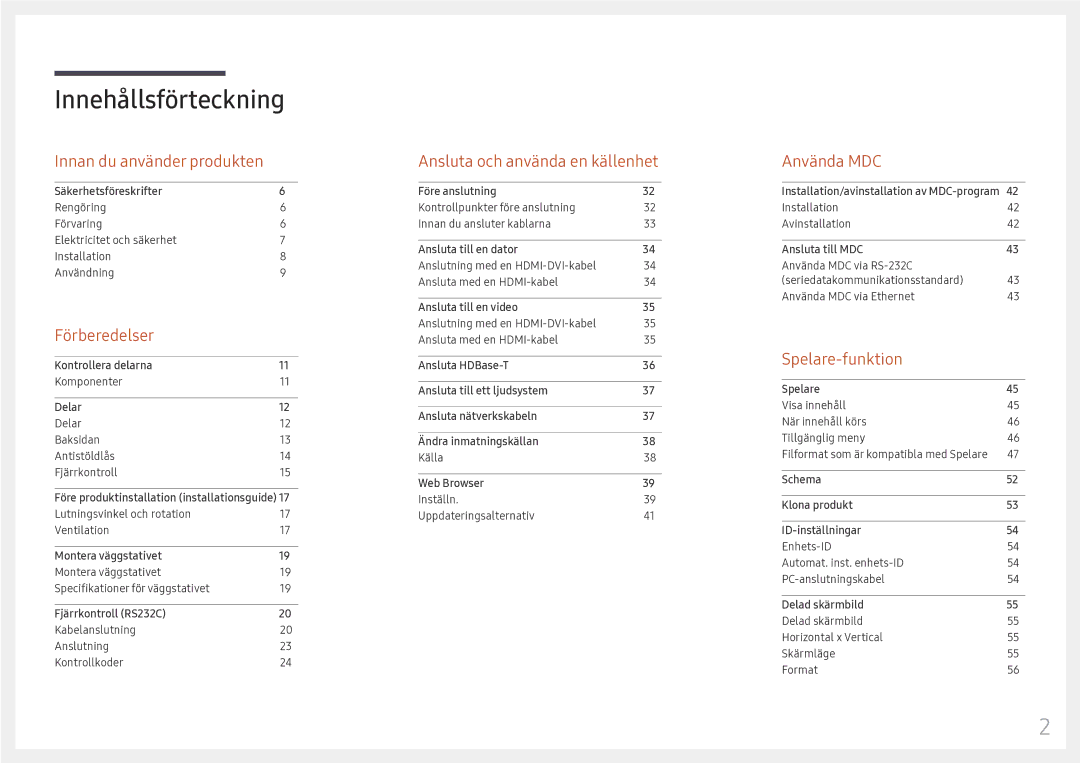 Samsung LH46OHFPKBC/EN, LH55OHFPKBC/EN, LH55OHFPVBC/EN manual Innehållsförteckning 