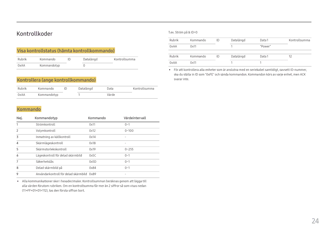 Samsung LH55OHFPKBC/EN manual Kontrollkoder, Visa kontrollstatus hämta kontrollkommando, Kontrollera ange kontrollkommando 