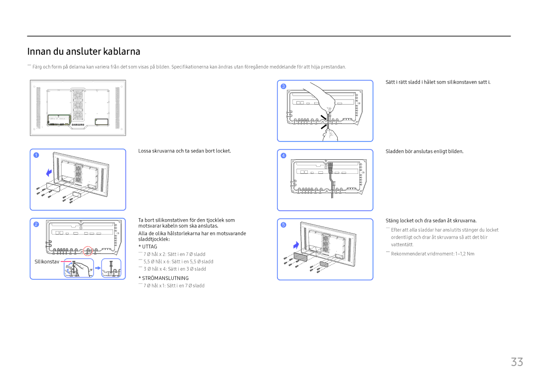 Samsung LH55OHFPKBC/EN, LH55OHFPVBC/EN, LH46OHFPKBC/EN manual Innan du ansluter kablarna, Uttag 