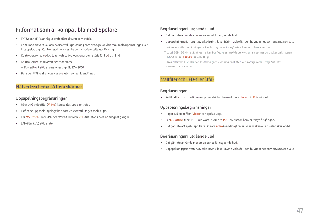 Samsung LH46OHFPKBC/EN, LH55OHFPKBC/EN manual Filformat som är kompatibla med Spelare, Nätverksschema på flera skärmar 