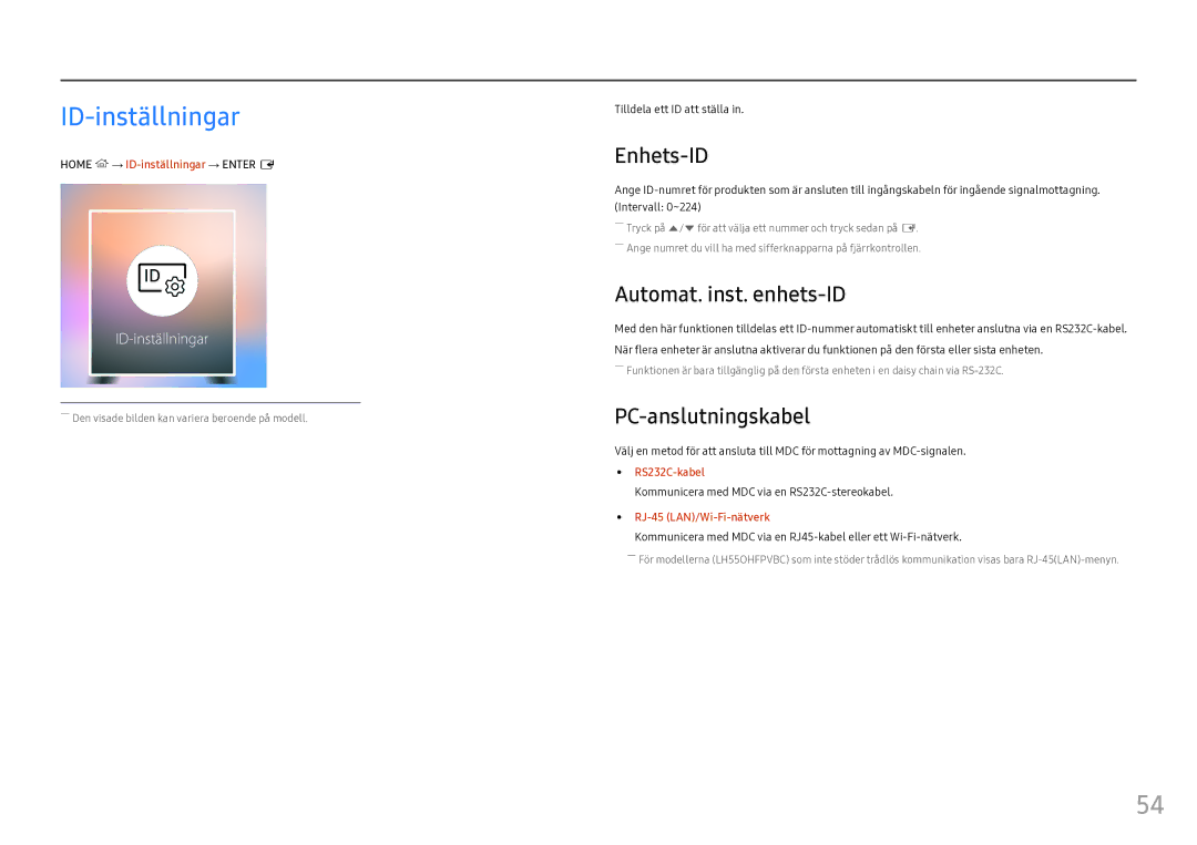 Samsung LH55OHFPKBC/EN, LH55OHFPVBC/EN manual ID-inställningar, Enhets-ID, Automat. inst. enhets-ID, PC-anslutningskabel 