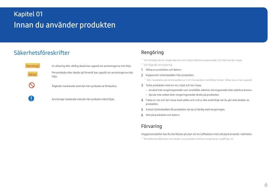 Samsung LH55OHFPKBC/EN, LH55OHFPVBC/EN manual Innan du använder produkten, Säkerhetsföreskrifter, Rengöring, Förvaring 