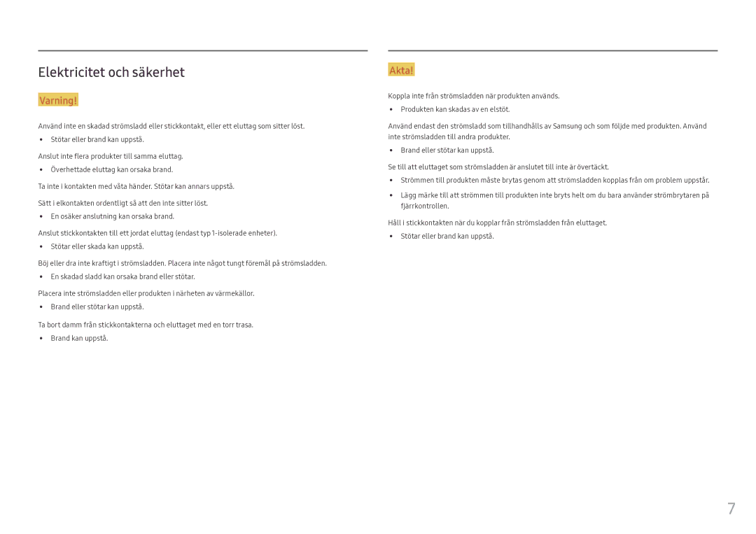 Samsung LH55OHFPVBC/EN, LH55OHFPKBC/EN, LH46OHFPKBC/EN manual Elektricitet och säkerhet, Varning 