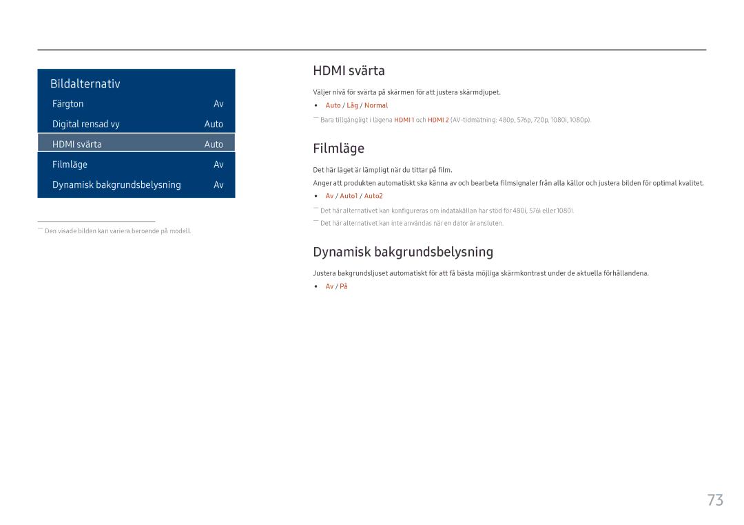 Samsung LH55OHFPVBC/EN manual Hdmi svärta, Filmläge, Dynamisk bakgrundsbelysning, Auto / Låg / Normal, Av / Auto1 / Auto2 