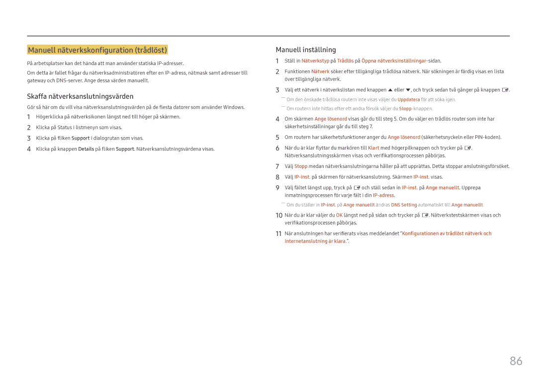 Samsung LH46OHFPKBC/EN, LH55OHFPKBC/EN, LH55OHFPVBC/EN manual Manuell nätverkskonfiguration trådlöst 