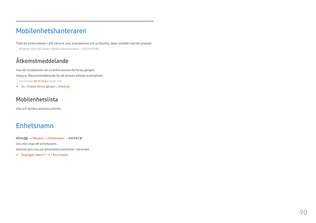 Samsung LH55OHFPKBC/EN, LH55OHFPVBC/EN manual Mobilenhetshanteraren, Enhetsnamn, Åtkomstmeddelande, Mobilenhetslista 