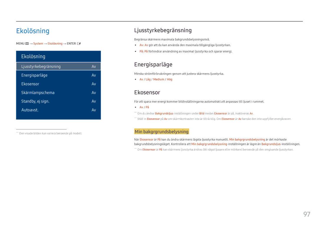 Samsung LH55OHFPVBC/EN, LH55OHFPKBC/EN, LH46OHFPKBC/EN manual Ekolösning, Ljusstyrkebegränsning, Energisparläge, Ekosensor 