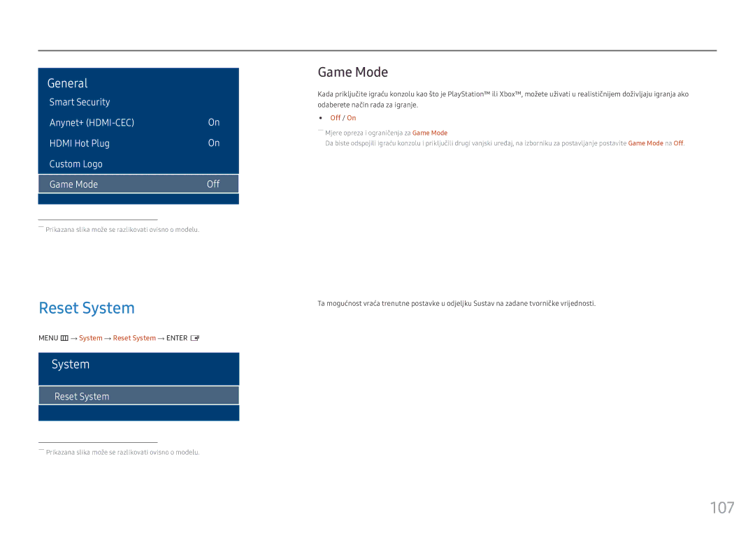 Samsung LH55OHFPKBC/EN manual 107, Game Mode, Menu m → System → Reset System → Enter E 