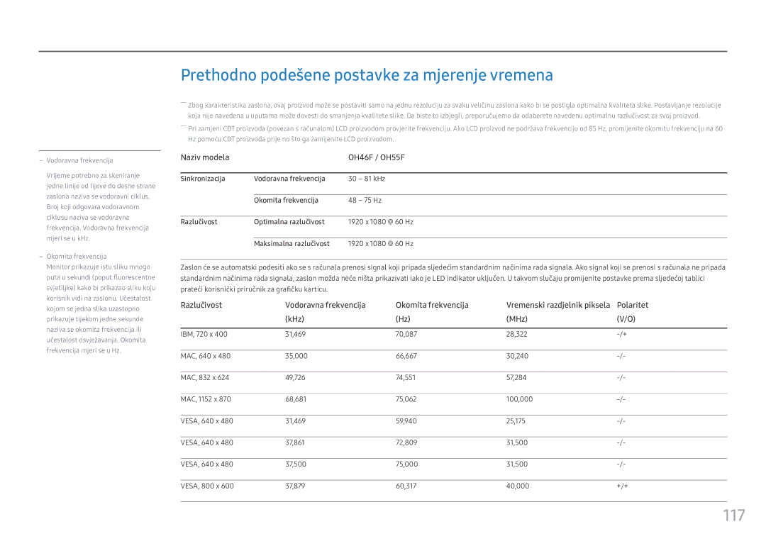 Samsung LH55OHFPKBC/EN manual Prethodno podešene postavke za mjerenje vremena, 117 