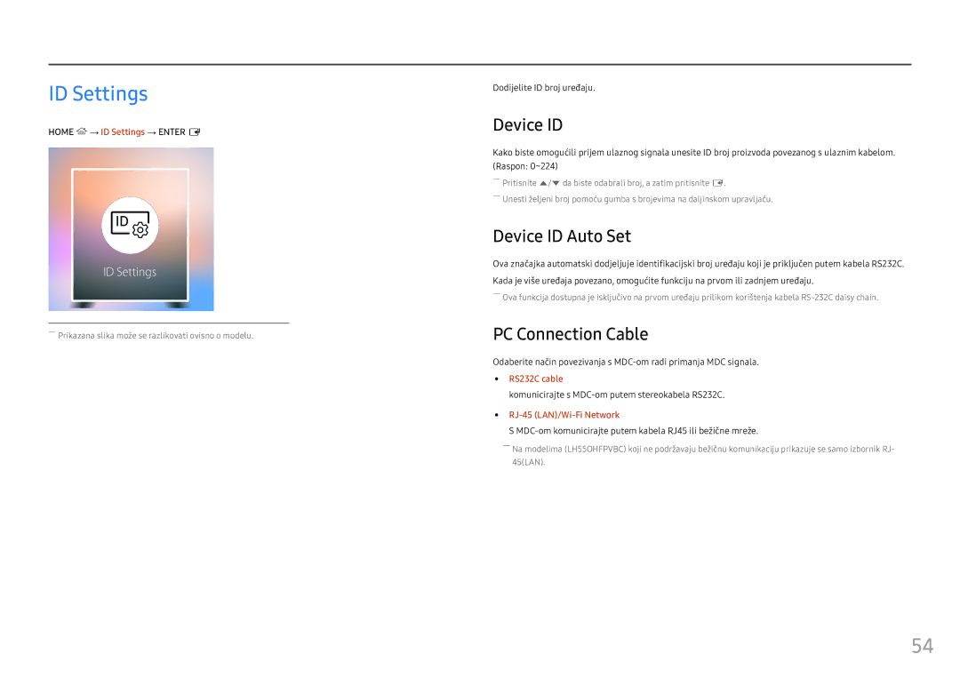 Samsung LH55OHFPKBC/EN manual ID Settings, Device ID Auto Set, PC Connection Cable 