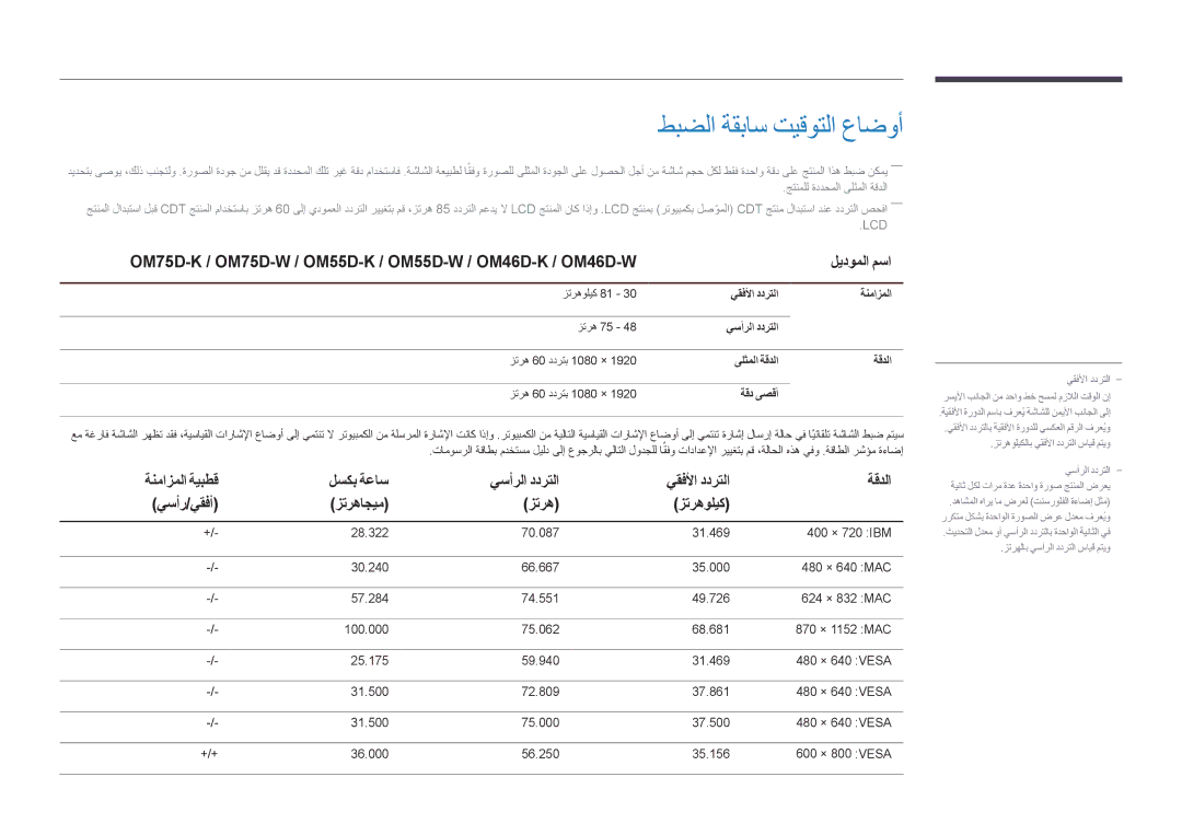 Samsung LH55OMDPWBC/NG, LH55OMDPWBC/EN manual طبضلا ةقباس تيقوتلا عاضوأ, يقفلأا ددرتلا ةنمازملا, ىلثملا ةقدلا, ةقد ىصقأ 