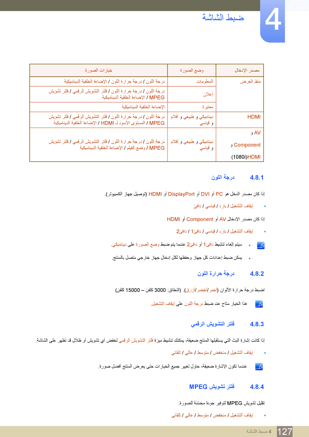 Samsung LH55PECPLBC/UE, LH55PECPLBC/EN, LH46PECPLBC/EN نوللا ةجرد, نوللا ةرارح ةجرد, يمقرلا شيوشتلا رتلف, Mpeg شيوشت رتلف 