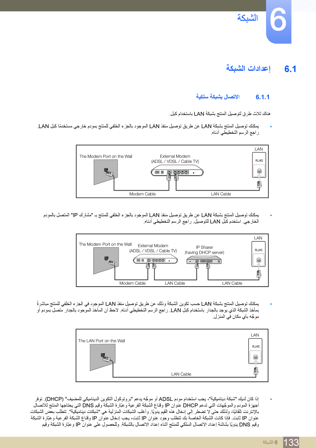 Samsung LH46PECPLBC/EN, LH55PECPLBC/EN, LH40DECPLBC/NG, LH40PECPLBC/XY, LH40PECPLBC/UE ةكبشلا تادادعإ, ةيكلس ةكبشب لاصتلاا 