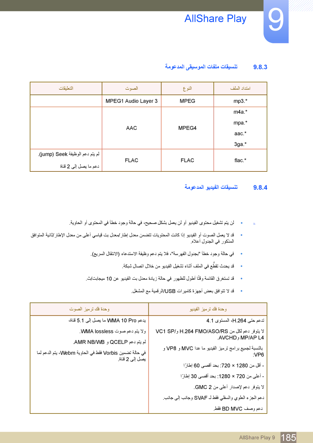 Samsung LH46DECPLBC/NG, LH55PECPLBC/EN manual ةموعدملا ىقيسوملا تافلم تاقيسنت, ةموعدملا ويديفلا تاقيسنت, تاقيلعتلا توصلا 