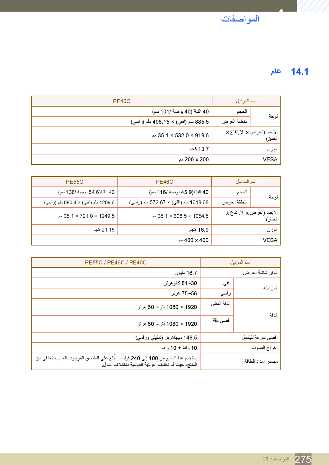 Samsung LH55PECPLBC/EN, LH46PECPLBC/EN, LH40DECPLBC/NG, LH40PECPLBC/XY manual تافصاوملا, PE55C‏ / PE46C‏ / PE40C‏ ليدوملا مسا 