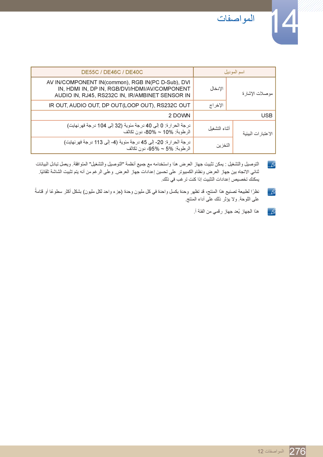 Samsung LH46PECPLBC/EN, LH55PECPLBC/EN, LH40DECPLBC/NG, LH40PECPLBC/XY manual تافصاوملا, DE55C‏ / DE46C‏ / DE40C‏ ليدوملا مسا 