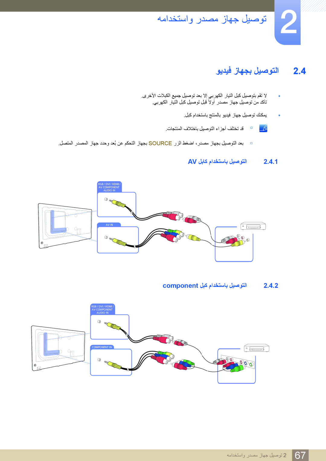 Samsung LH46PECPLBC/EN, LH55PECPLBC/EN manual ويديف زاهجب ليصوتلا, Av لباك مادختساب ليصوتلا, Component لبك مادختساب ليصوتلا 