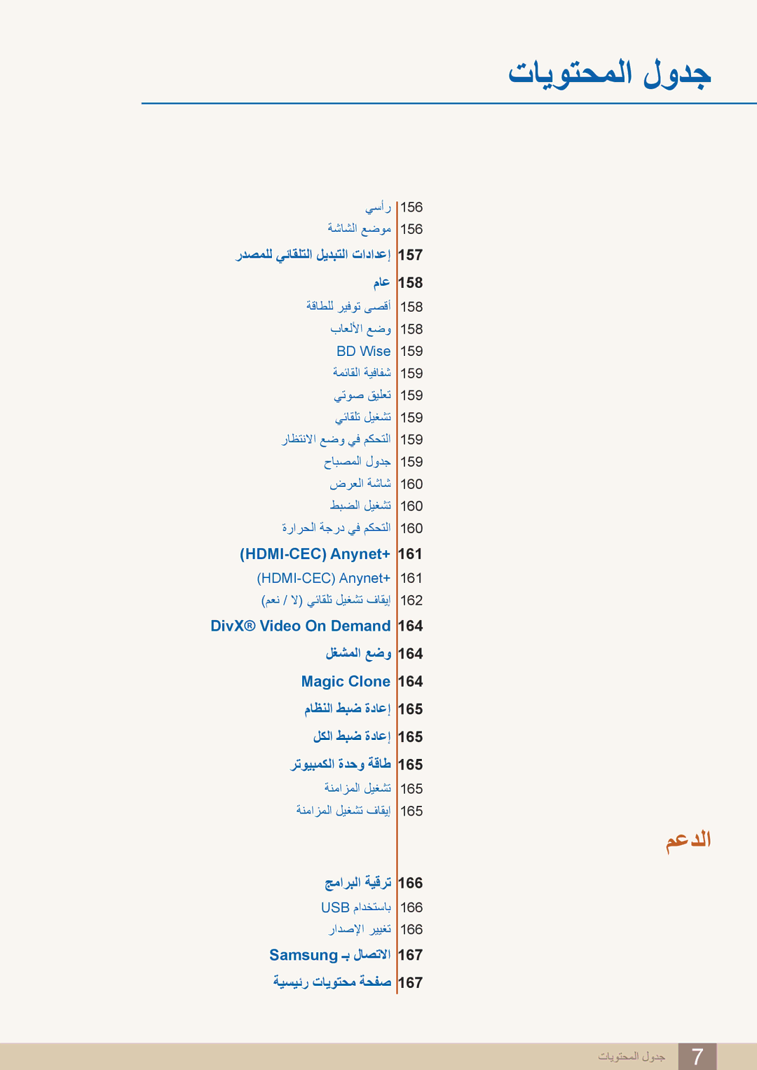 Samsung LH46PECPLBC/SM, LH55PECPLBC/EN ردصملل يئاقلتلا ليدبتلا تادادعإ 157 ماع, ‎HDMI-CEC‏\ Anynet+‎‎, جماربلا ةيقرت 166 