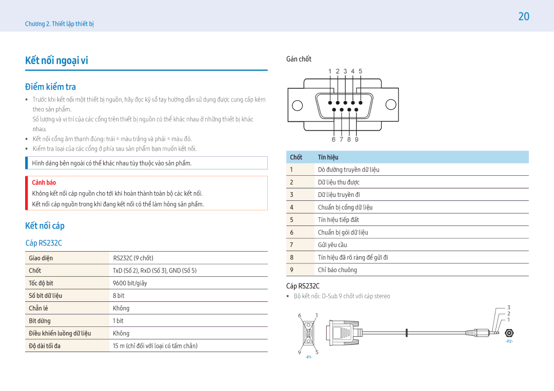 Samsung LH43PMFPBGC/XV manual Kết nối ngoại, Điểm kiểm tra, Gá́n chốt, Cáp RS232C, Bộ kết nối D-Sub 9 chôt vơi cap stereo 