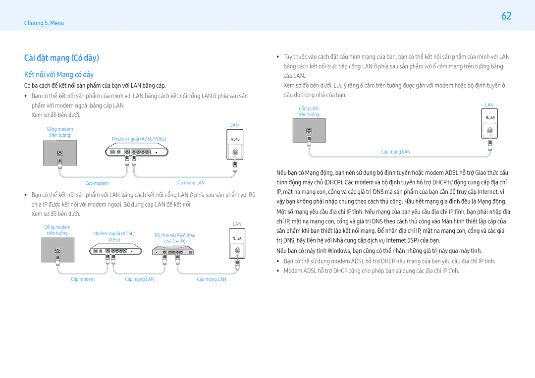 Samsung LH43PMFPBGC/XV, LH55PHFPBGC/XV, LH55PMFPBGC/XV, LH43PHFPBGC/XV manual Cài đặt mạng Có dây, Kêt nôi vơi Mang co dây 