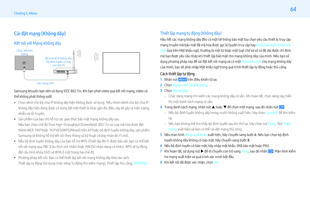 Samsung LH55PMFPBGC/XV manual Cài đặt mạng Không dây, Kêt nôi vơi Mang không dây, Thiết lập mạng tự động Không dây 