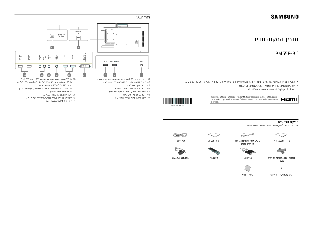 Samsung LH55PMFXTBC/CH manual ינשה דצה, םיביכרה תקידב, Usb לבכ, Usb-ל יוסיכ 