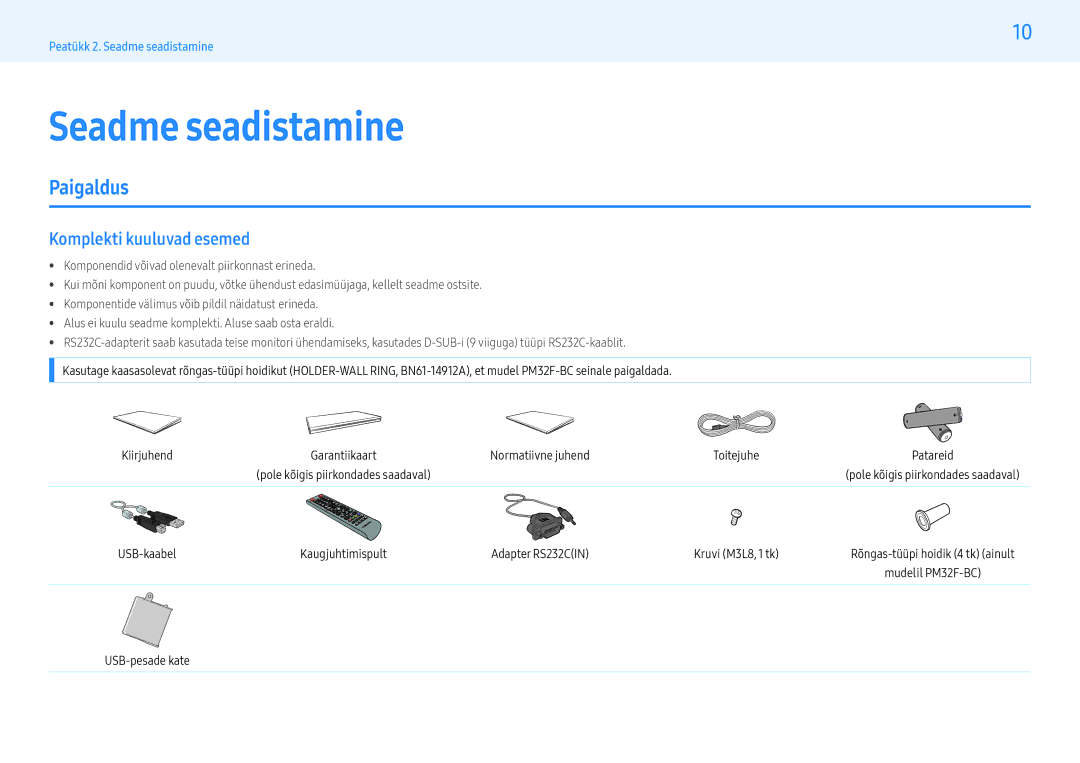 Samsung LH55PMFXTBC/EN, LH32PMFXTBC/EN manual Seadme seadistamine, Paigaldus, Komplekti kuuluvad esemed 