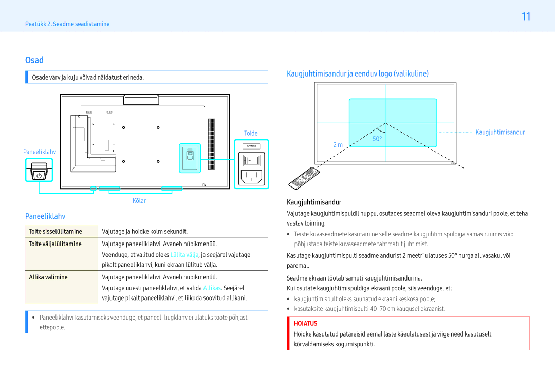 Samsung LH32PMFXTBC/EN, LH55PMFXTBC/EN manual Osad, Kaugjuhtimisandur ja eenduv logo valikuline, Paneeliklahv 