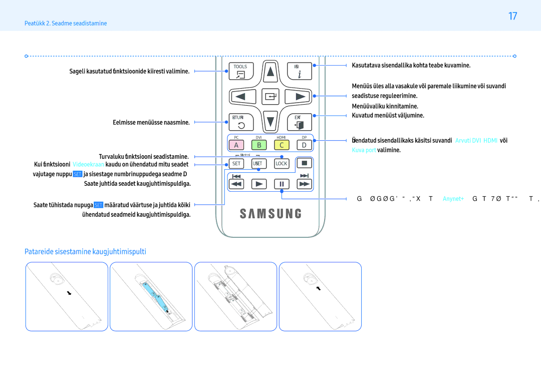 Samsung LH32PMFXTBC/EN, LH55PMFXTBC/EN manual Patareide sisestamine kaugjuhtimispulti 