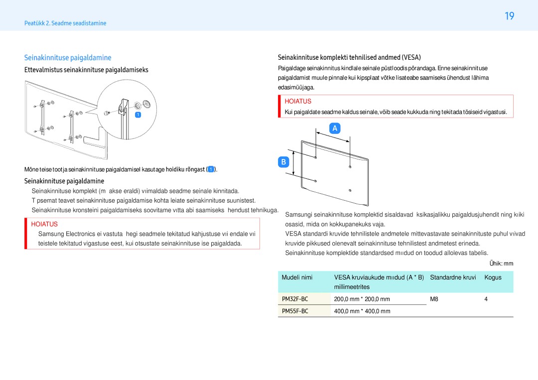 Samsung LH32PMFXTBC/EN, LH55PMFXTBC/EN manual Seinakinnituse paigaldamine, Ettevalmistus seinakinnituse paigaldamiseks 