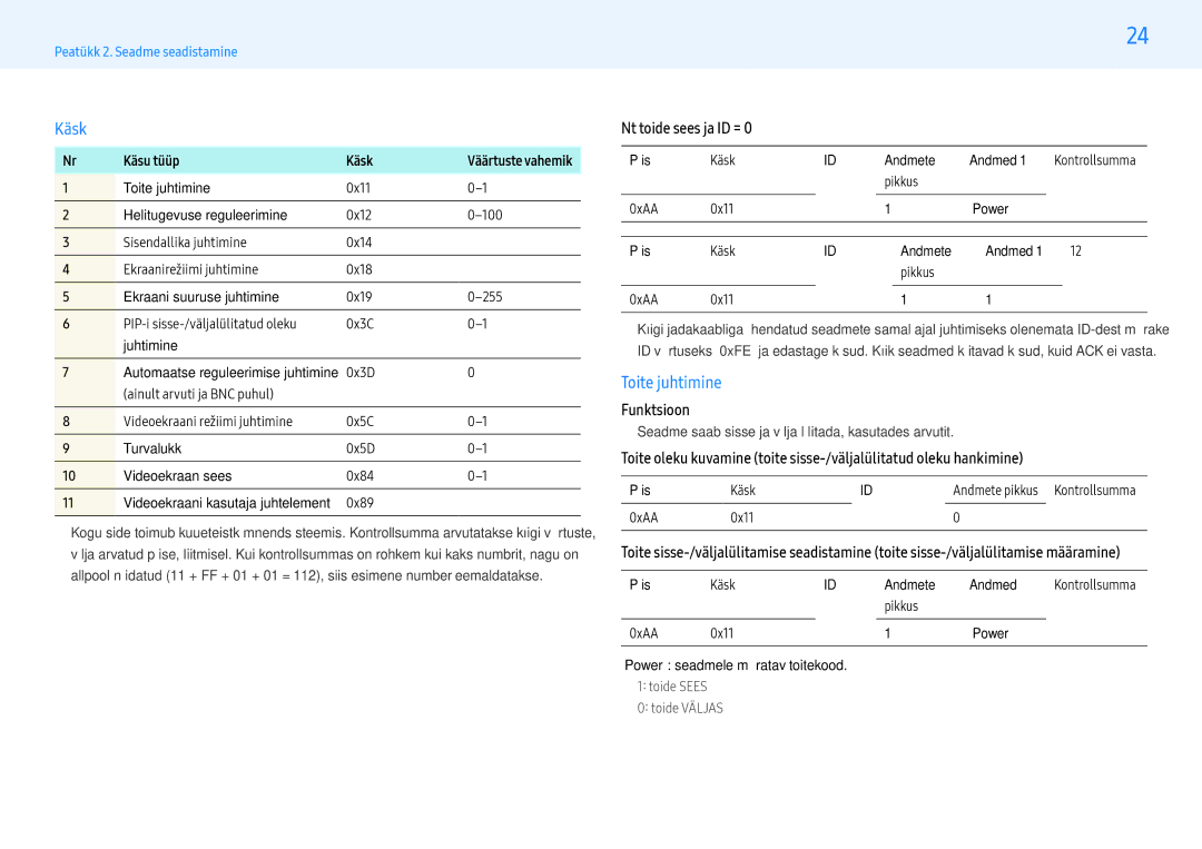 Samsung LH55PMFXTBC/EN, LH32PMFXTBC/EN manual Toite juhtimine, Nt toide sees ja ID =, Funktsioon, Käsu tüüp Käsk 