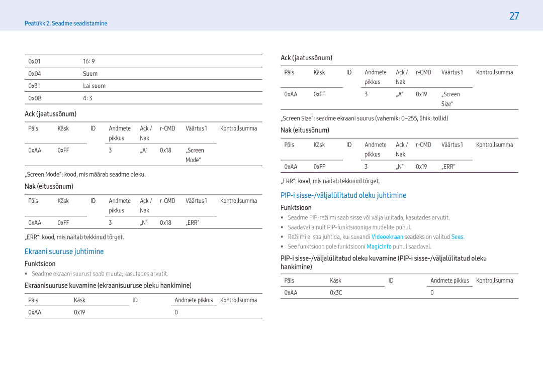 Samsung LH32PMFXTBC/EN, LH55PMFXTBC/EN manual Ekraani suuruse juhtimine, PIP-i sisse-/väljalülitatud oleku juhtimine 