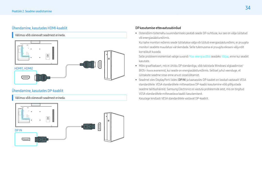 Samsung LH55PMFXTBC/EN, LH32PMFXTBC/EN manual Ühendamine, kasutades HDMI-kaablit, Ühendamine, kasutades DP-kaablit 