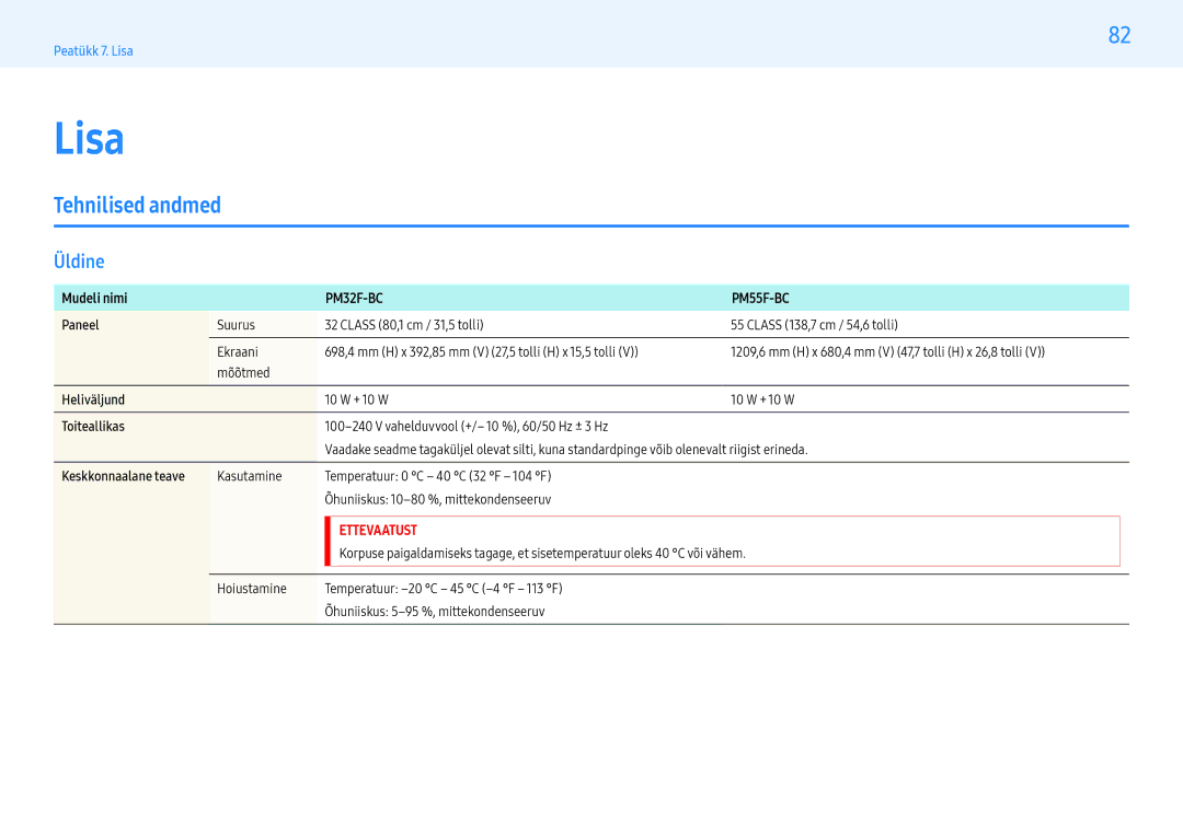 Samsung LH55PMFXTBC/EN, LH32PMFXTBC/EN manual Lisa, Tehnilised andmed, Üldine 