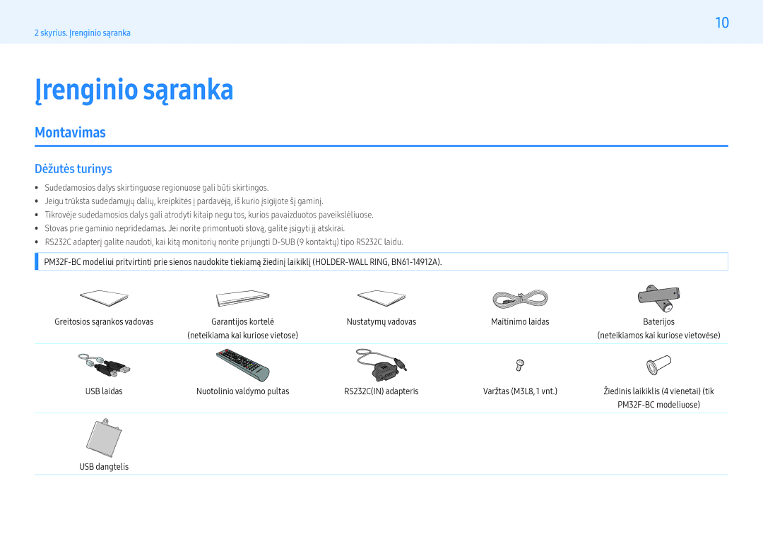 Samsung LH55PMFXTBC/EN, LH32PMFXTBC/EN manual Montavimas, Dėžutės turinys 