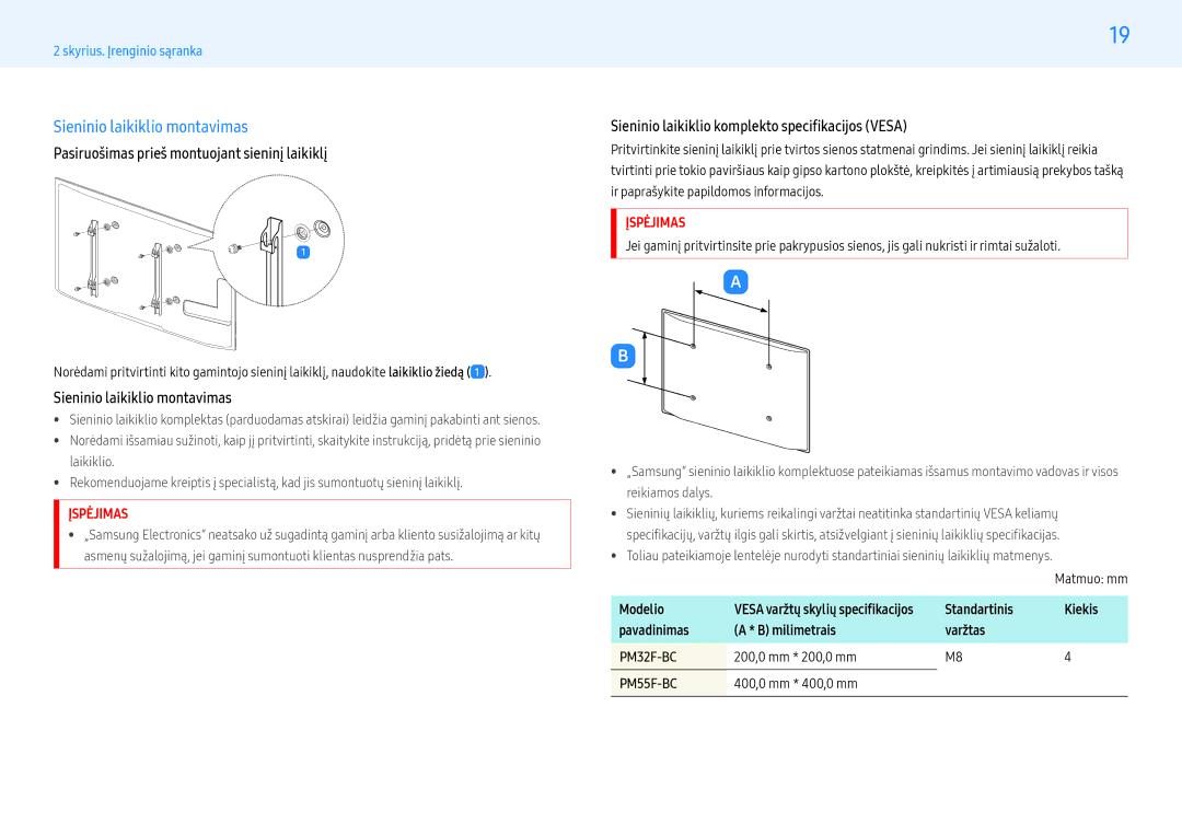 Samsung LH32PMFXTBC/EN, LH55PMFXTBC/EN manual Sieninio laikiklio montavimas, Pasiruošimas prieš montuojant sieninį laikiklį 