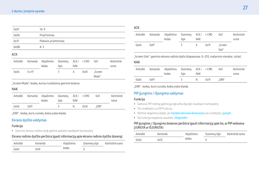 Samsung LH32PMFXTBC/EN, LH55PMFXTBC/EN manual Ekrano dydžio valdymas, PIP įjungimo / išjungimo valdymas 