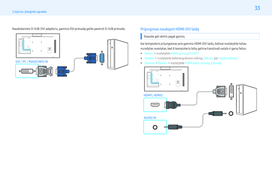 Samsung LH32PMFXTBC/EN, LH55PMFXTBC/EN Prijungimas naudojant HDMI-DVI laidą,  Garsas → nustatykite Hdmi garsas į Pcdvi 