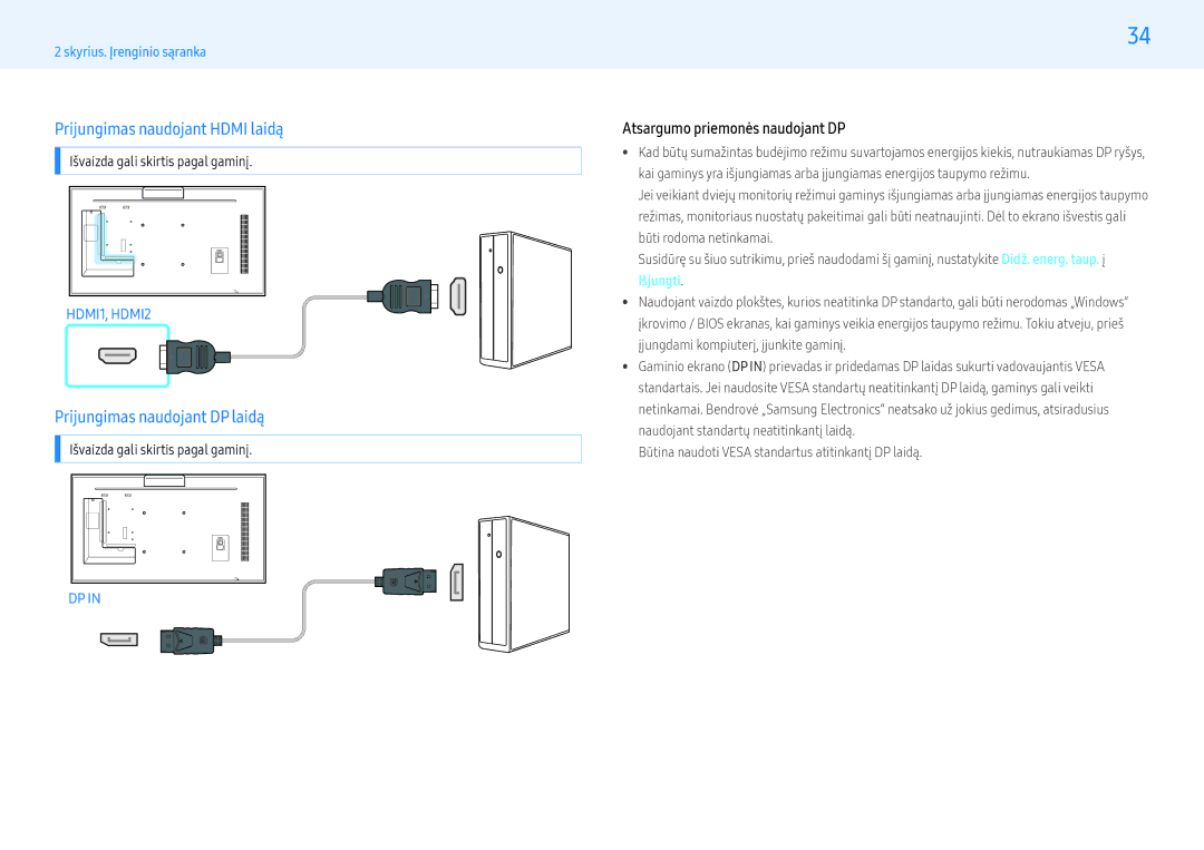 Samsung LH55PMFXTBC/EN Prijungimas naudojant Hdmi laidą, Prijungimas naudojant DP laidą, Atsargumo priemonės naudojant DP 