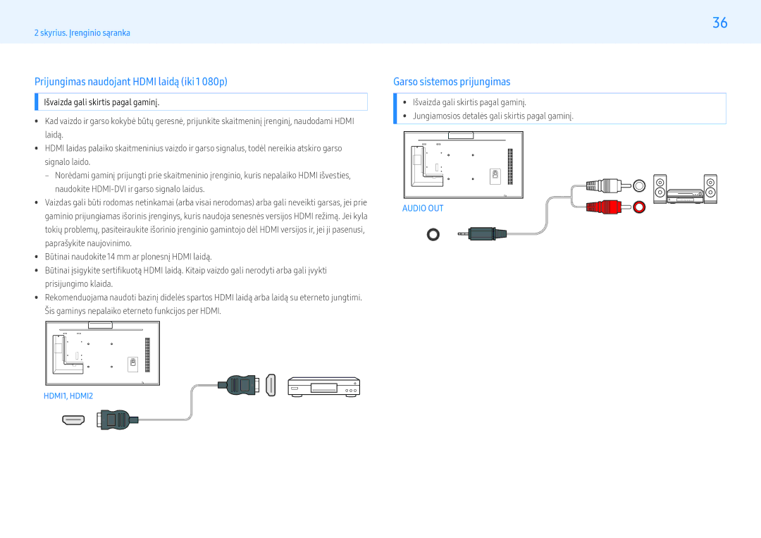 Samsung LH55PMFXTBC/EN, LH32PMFXTBC/EN manual Prijungimas naudojant Hdmi laidą iki 1 080p, Garso sistemos prijungimas 