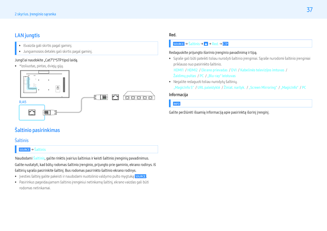 Samsung LH32PMFXTBC/EN, LH55PMFXTBC/EN manual LAN jungtis, Šaltinio pasirinkimas, Šaltinis, Red, Informacija 