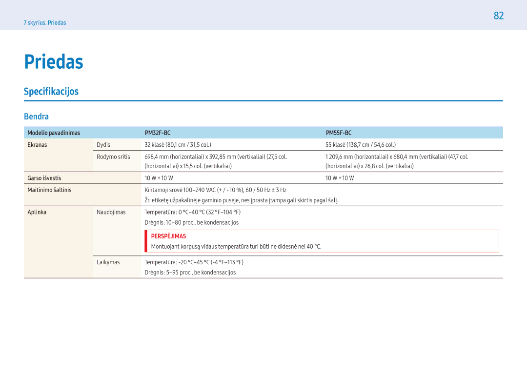 Samsung LH55PMFXTBC/EN, LH32PMFXTBC/EN manual Specifikacijos, Bendra 