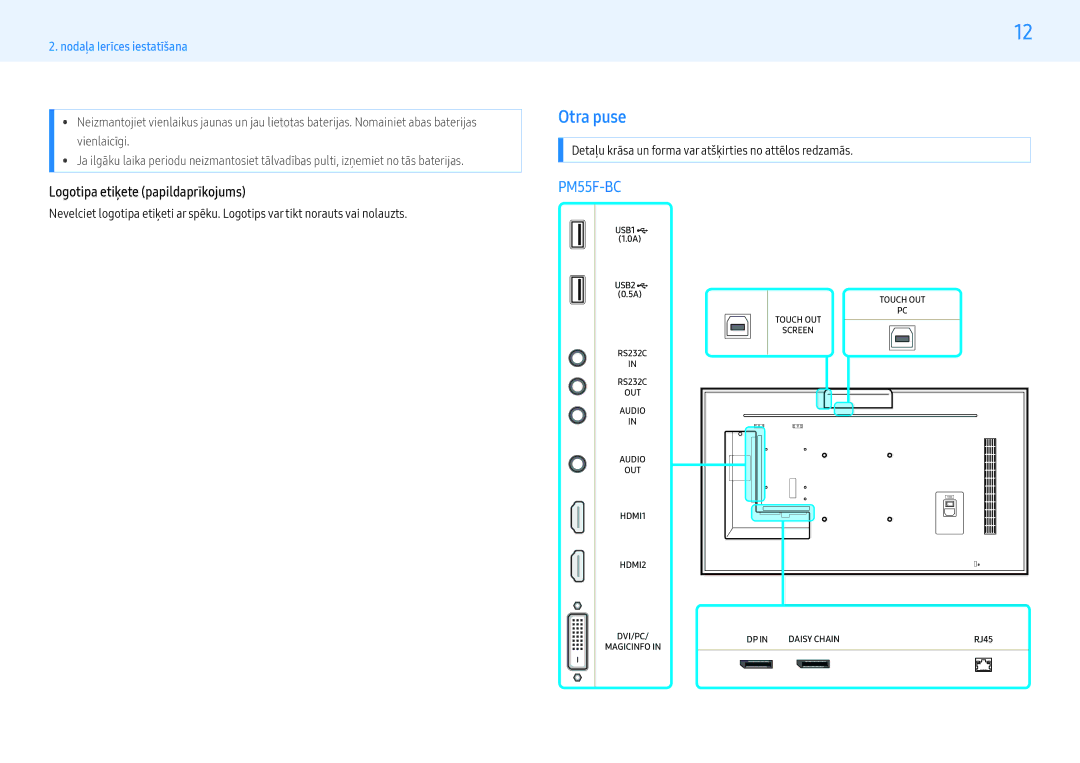 Samsung LH55PMFXTBC/EN, LH32PMFXTBC/EN manual Otra puse, Logotipa etiķete papildaprīkojums 