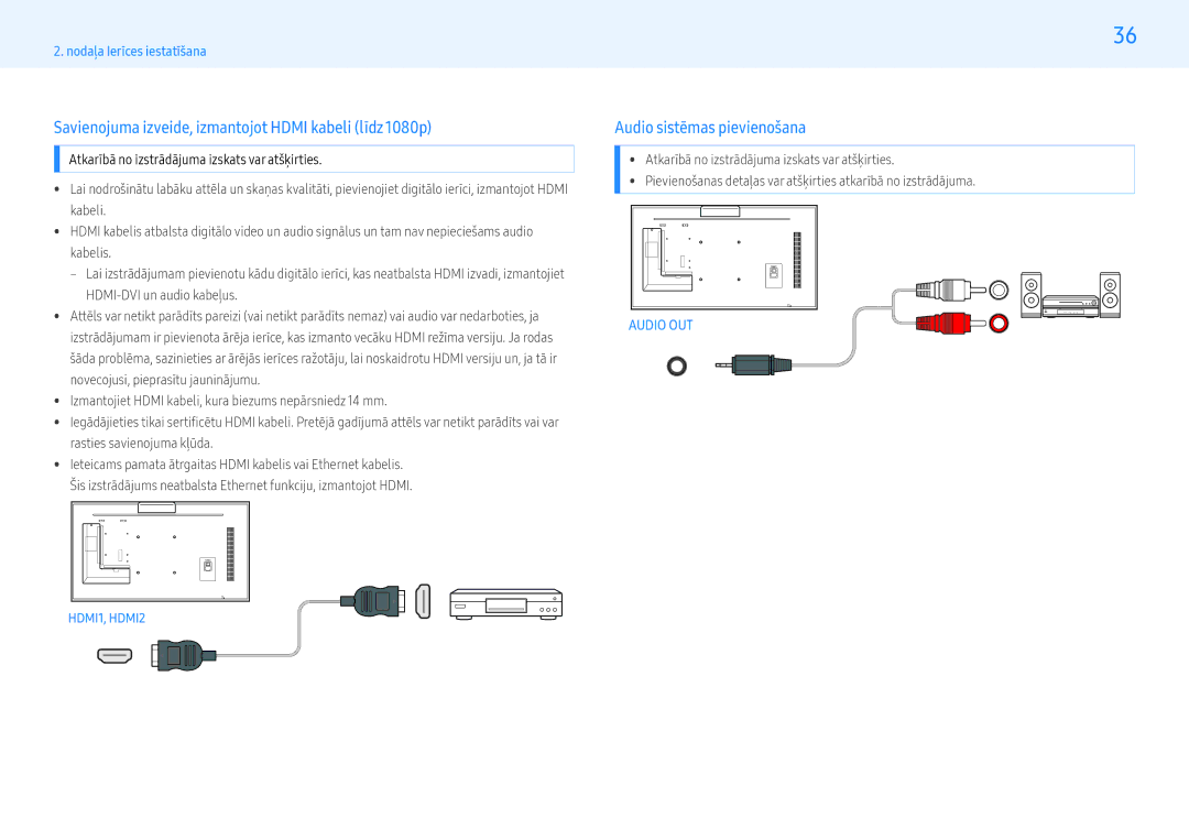 Samsung LH55PMFXTBC/EN, LH32PMFXTBC/EN Savienojuma izveide, izmantojot Hdmi kabeli līdz 1080p, Audio sistēmas pievienošana 