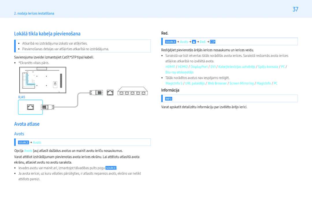 Samsung LH32PMFXTBC/EN, LH55PMFXTBC/EN manual Lokālā tīkla kabeļa pievienošana, Avota atlase, Avots, Red, Informācija 