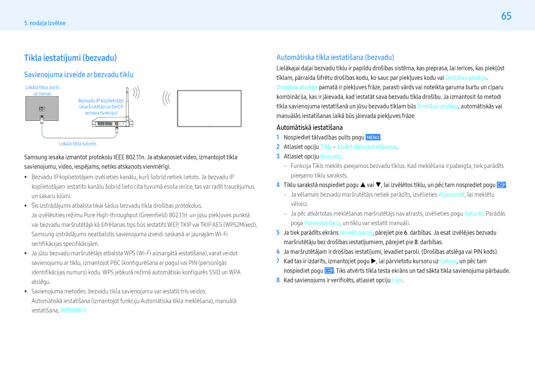 Samsung LH32PMFXTBC/EN, LH55PMFXTBC/EN manual Tīkla iestatījumi bezvadu, Savienojuma izveide ar bezvadu tīklu 