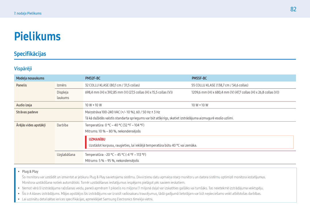 Samsung LH55PMFXTBC/EN, LH32PMFXTBC/EN manual Pielikums, Specifikācijas, Vispārēji 